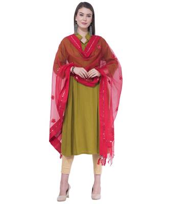 A R Silk Mirror Work Red Colour Orgenza Cotton Fancy Dupatta/Chunnis 3