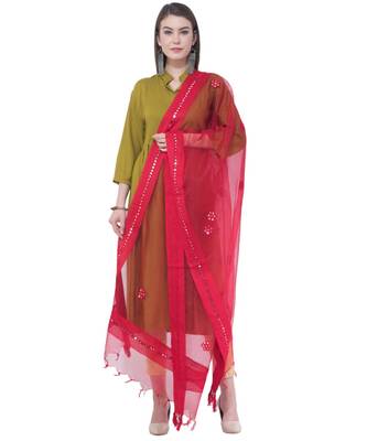 A R Silk Mirror Work Red Colour Orgenza Cotton Fancy Dupatta/Chunnis 5