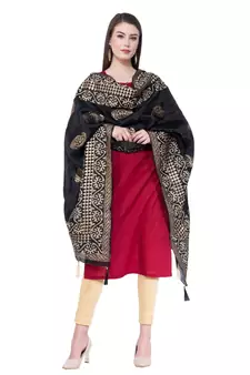 A R SILK Pahadi Print Black Colour Silk Fancy Dupatta/Chunnis