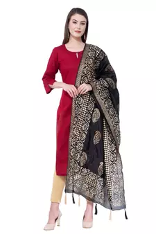 A R SILK Pahadi Print Black Colour Silk Fancy Dupatta/Chunnis