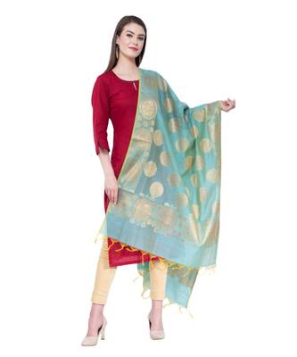 A R Silk Zari Embroidery Firozi Colour Chanderi Cotton Fancy Dupattas/Chunnis 1