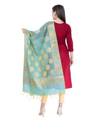 A R Silk Zari Embroidery Firozi Colour Chanderi Cotton Fancy Dupattas/Chunnis 2