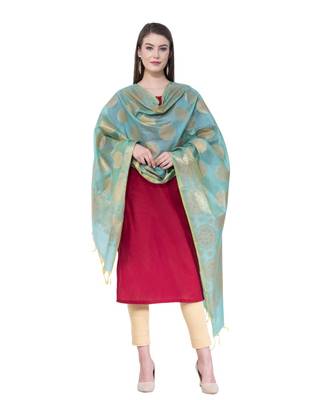 A R Silk Zari Embroidery Firozi Colour Chanderi Cotton Fancy Dupattas/Chunnis 3