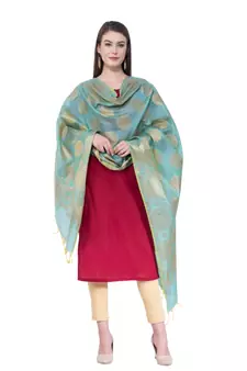A R Silk Zari Embroidery Firozi Colour Chanderi Cotton Fancy Dupattas/Chunnis