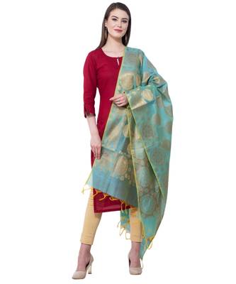 A R Silk Zari Embroidery Firozi Colour Chanderi Cotton Fancy Dupattas/Chunnis 5