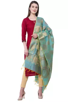 A R Silk Zari Embroidery Firozi Colour Chanderi Cotton Fancy Dupattas/Chunnis