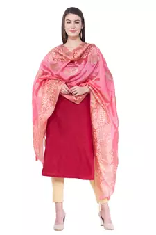 A R SILK Pahadi Print Light Pink Colour Silk Fancy Dupatta/Chunnis