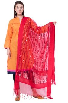 A R Silk Mirror Work Red Colour Orgenza Cotton Fancy Dupatta/Chunnis