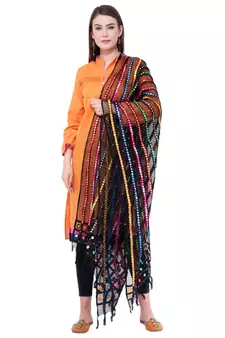 A R SILK Multi Stripe Black Colour Organza Cotton Fancy Dupatta/Chunnis