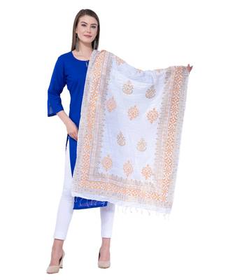 A R SILK Pahadi Print White Colour Silk Fancy Dupatta/Chunnis 1