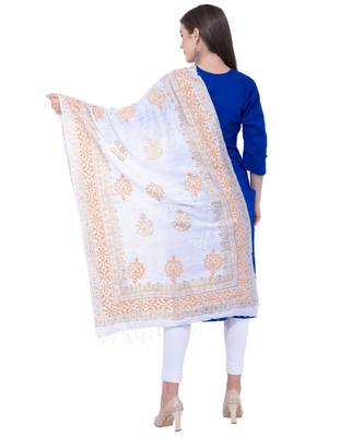 A R SILK Pahadi Print White Colour Silk Fancy Dupatta/Chunnis 2