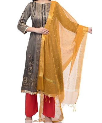 A R Silk Zari Work Musturd Colour Chanderi Cotton Regular Dupatta/Chunnis 1