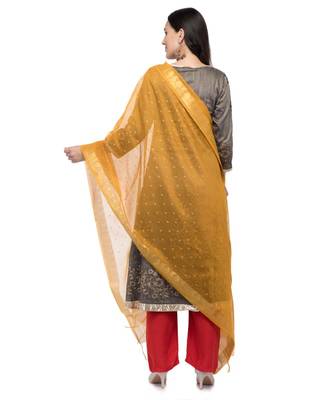 A R Silk Zari Work Musturd Colour Chanderi Cotton Regular Dupatta/Chunnis 2