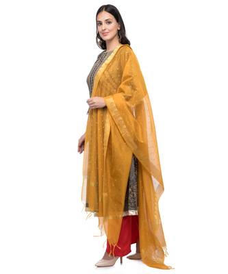 A R Silk Zari Work Musturd Colour Chanderi Cotton Regular Dupatta/Chunnis 3