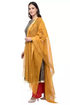 A R Silk Zari Work Musturd Colour Chanderi Cotton Regular Dupatta/Chunnis