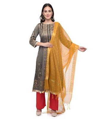 A R Silk Zari Work Musturd Colour Chanderi Cotton Regular Dupatta/Chunnis 4