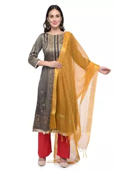 A R Silk Zari Work Musturd Colour Chanderi Cotton Regular Dupatta/Chunnis