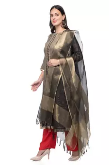 A R Silk Zari Work Black Colour Tissue Regular Dupatta/Chunnis