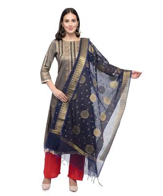A R SILK Zari Embroidery Navy Blue Colour Vanarasi Silk Fancy Dupattas & Chunnis 1