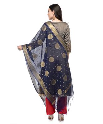 A R SILK Zari Embroidery Navy Blue Colour Vanarasi Silk Fancy Dupattas & Chunnis 2