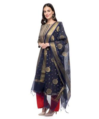 A R SILK Zari Embroidery Navy Blue Colour Vanarasi Silk Fancy Dupattas & Chunnis 3