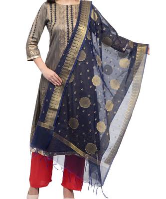 A R SILK Zari Embroidery Navy Blue Colour Vanarasi Silk Fancy Dupattas & Chunnis 4