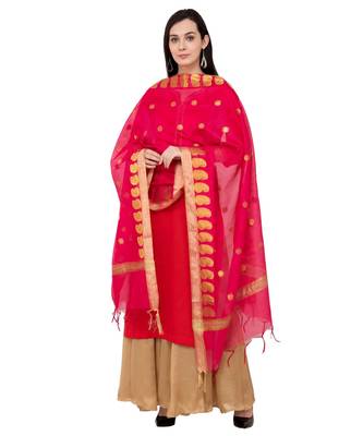 A R SILK Zari Embroidery Rani Colour Vanarasi Silk Fancy Dupattas & Chunnis 3