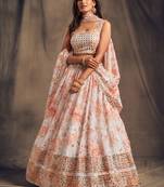 Women's White and Orange Organza Floral Print Lehenga Choli