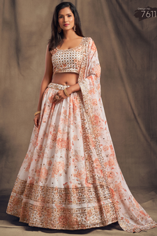 women's white and orange organza floral print lehenga set choli with dupatta