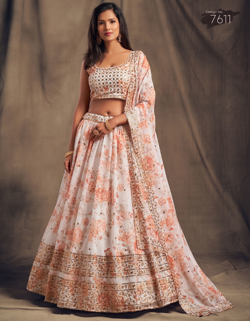 Women's White and Orange Organza Floral Print Lehenga Choli