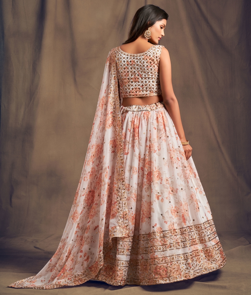 Women's White and Orange Organza Floral Print Lehenga Choli