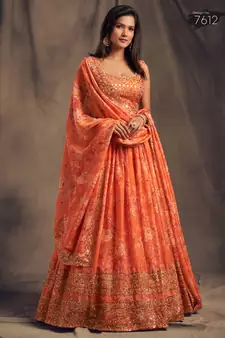 orange organza zari and sequins work floral wedding lehenga set choli with dupatta for women