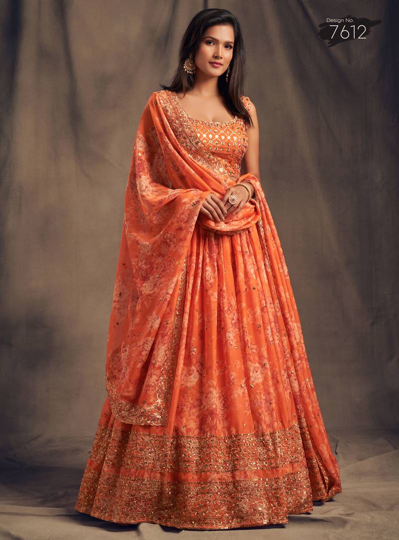 Stunning Orange Organza Zari and Sequins Work Floral Wedding Lehenga Choli for Women