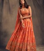 Stunning Orange Organza Zari and Sequins Work Floral Wedding Lehenga Choli for Women