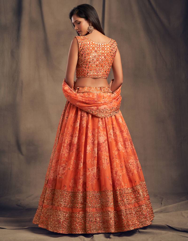 Stunning Orange Organza Zari and Sequins Work Floral Wedding Lehenga Choli for Women
