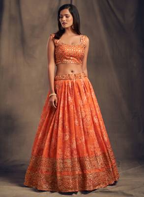 orange organza zari and sequins work floral wedding lehenga set choli with dupatta for women 6