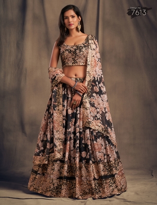 organza floral print sequin embroidered black wedding lehenga set choli with dupatta 1