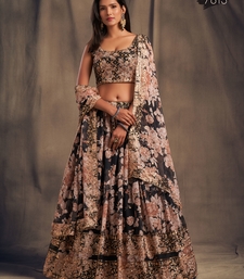 organza floral print sequin embroidered black wedding lehenga set choli with dupatta