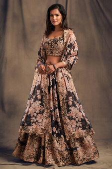 Stunning Black Organza Zari and Sequins Work Floral Wedding Lehenga Choli for Women