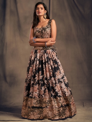 organza floral print sequin embroidered black wedding lehenga set choli with dupatta 5