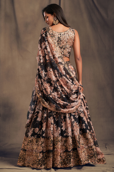 organza floral print sequin embroidered black wedding lehenga set choli with dupatta
