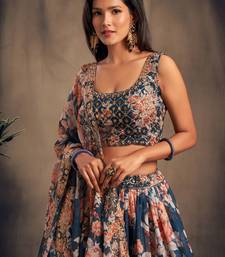 Stunning Dove Blue Organza Zari and Sequins Work Floral Wedding Lehenga Choli for Women