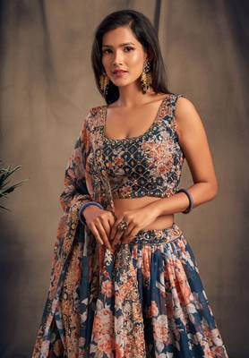 dove blue organza zari and sequins work floral wedding lehenga set choli with dupatta for women 3