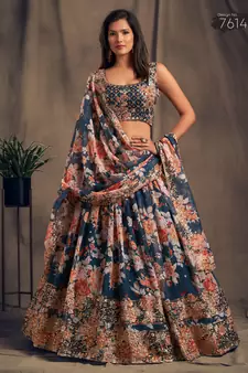 dove blue organza zari and sequins work floral wedding lehenga set choli with dupatta for women
