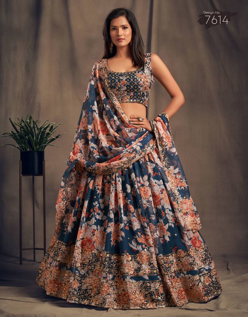 Stunning Dove Blue Organza Zari and Sequins Work Floral Wedding Lehenga Choli for Women