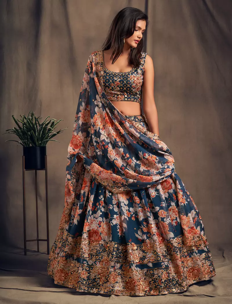 Stunning Dove Blue Organza Zari and Sequins Work Floral Wedding Lehenga Choli for Women