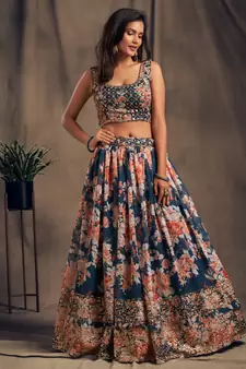 dove blue organza zari and sequins work floral wedding lehenga set choli with dupatta for women