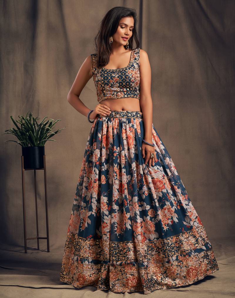 Stunning Dove Blue Organza Zari and Sequins Work Floral Wedding Lehenga Choli for Women