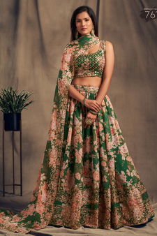 green and peach wedding lehenga set choli with dupatta for women