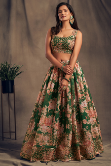 green and peach wedding lehenga set choli with dupatta for women